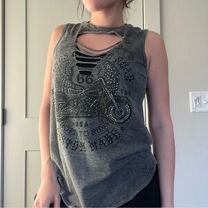Vocal Grey Rhinestone Distressed Tank Top